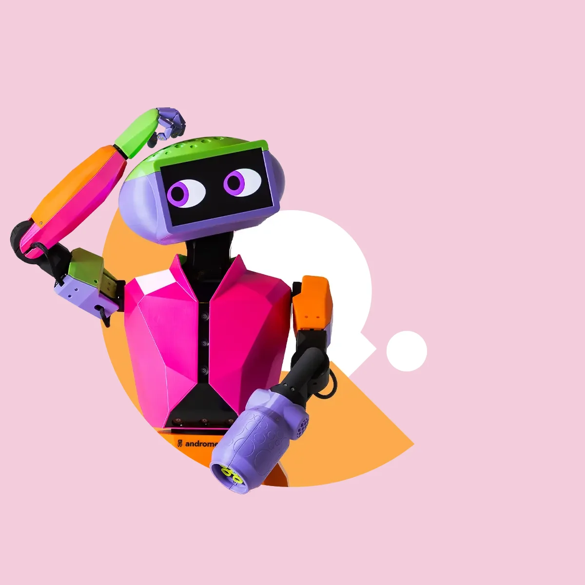 Andromeda Robotics exhibition graphics introducing Abi the companion robot